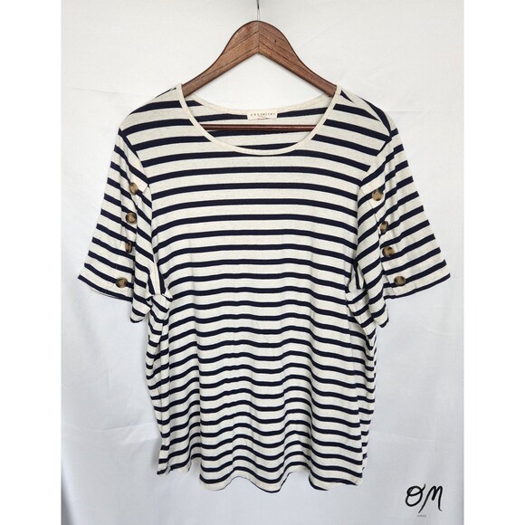 Womens Retrology Navy Cream Striped Button Sleeve Shirt - 1X - Picture 1 of 8